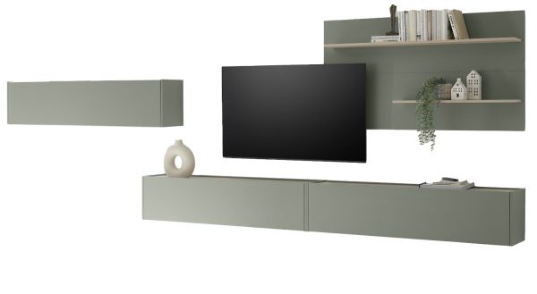 Wohnwand Center in Salbei und Barista Eiche Set 4-teilig mit XXL-TV-Schrank 400 cm