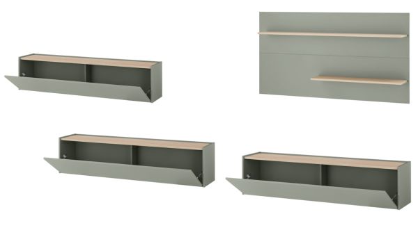 Wohnwand Center in Salbei und Barista Eiche Set 4-teilig mit XXL-TV-Schrank 400 cm