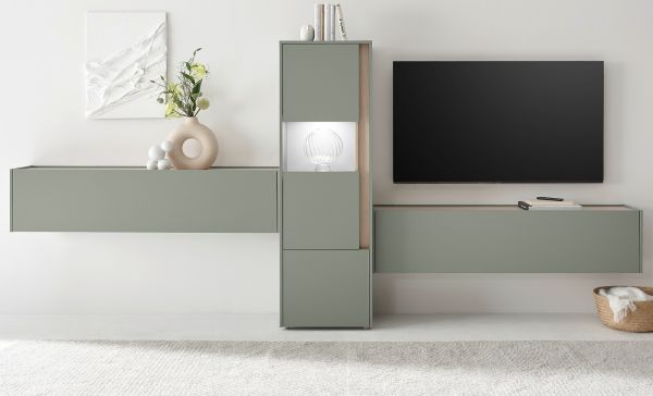 Wohnwand Center in Salbei und Barista Eiche Wohnkombination Set 3-teilig 350 cm