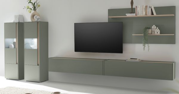 Wohnwand Center in Salbei und Barista Eiche Wohnkombination Set 5-teilig mit XXL-TV-Schrank 440 cm