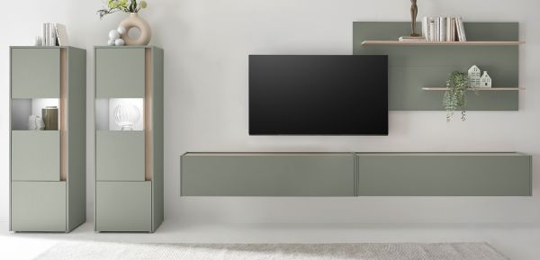 Wohnwand Center in Salbei und Barista Eiche Wohnkombination Set 5-teilig mit XXL-TV-Schrank 440 cm