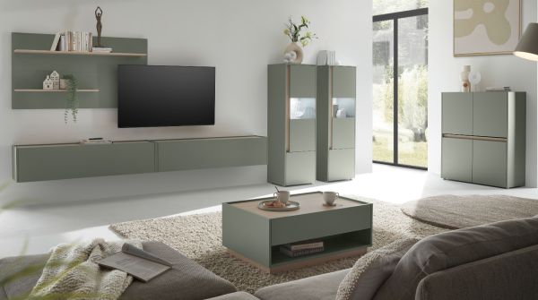 Wohnwand Center in Salbei und Barista Eiche Wohnkombination Set 5-teilig mit XXL-TV-Schrank 440 cm