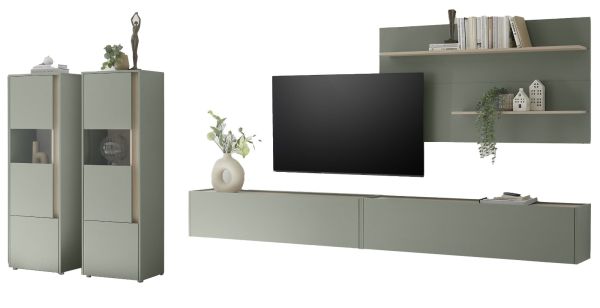 Wohnwand Center in Salbei und Barista Eiche Wohnkombination Set 5-teilig mit XXL-TV-Schrank 440 cm