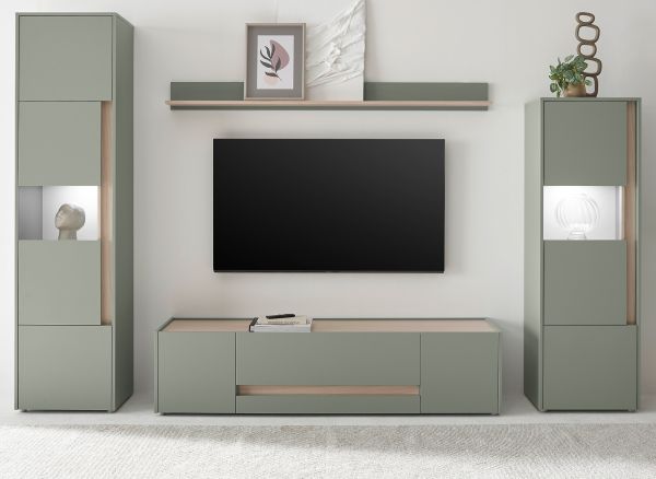 Wohnwand Center in Salbei und Barista Eiche Wohnkombination Set 4-teilig 310 cm