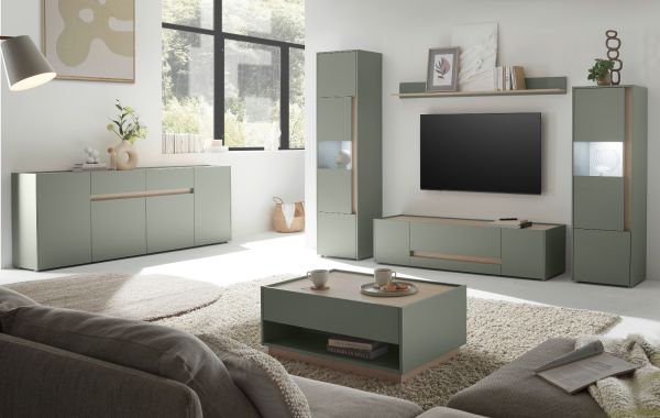Wohnwand Center in Salbei und Barista Eiche Wohnkombination Set 4-teilig 310 cm