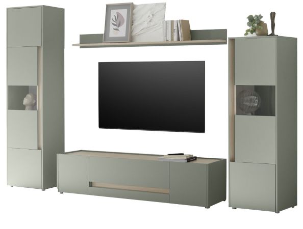 Wohnwand Center in Salbei und Barista Eiche Wohnkombination Set 4-teilig 310 cm