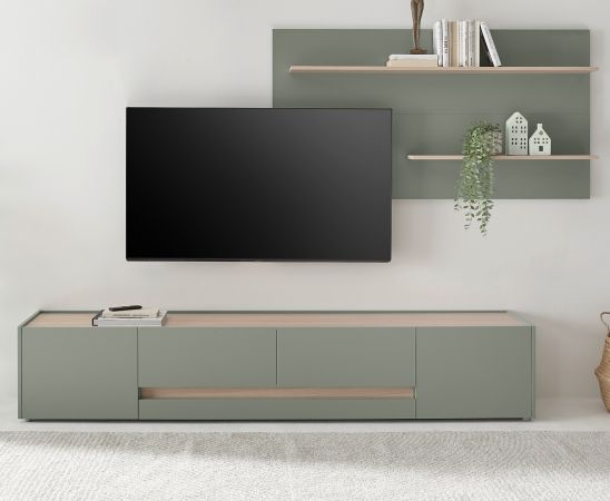 Wohnwand Center in Salbei und Barista Eiche Wohnkombination Set 2-teilig 300 cm