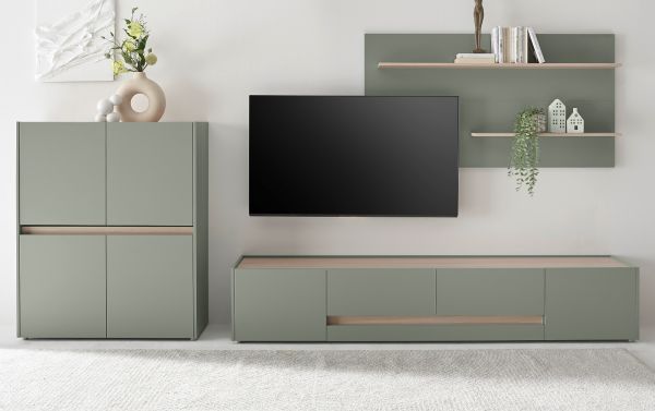 Wohnwand Center in Salbei und Barista Eiche Wohnkombination Set 3-teilig 343 cm