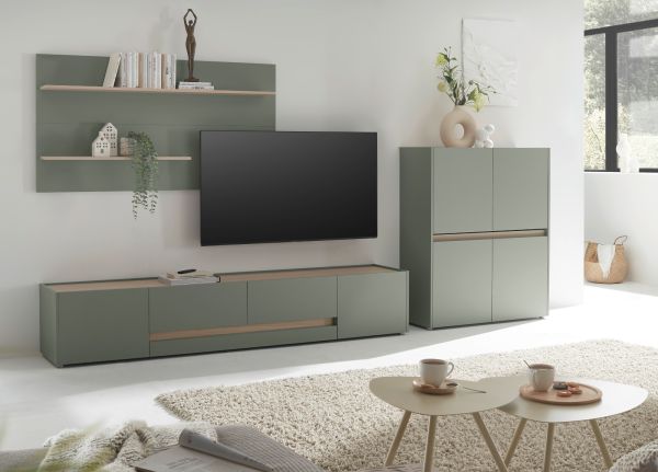 Wohnwand Center in Salbei und Barista Eiche Wohnkombination Set 3-teilig 343 cm