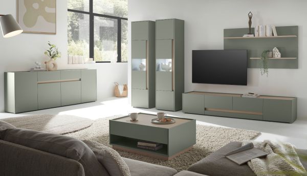 Wohnwand Center in Salbei und Barista Eiche Wohnkombination Set 3-teilig 343 cm