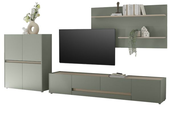 Wohnwand Center in Salbei und Barista Eiche Wohnkombination Set 3-teilig 343 cm