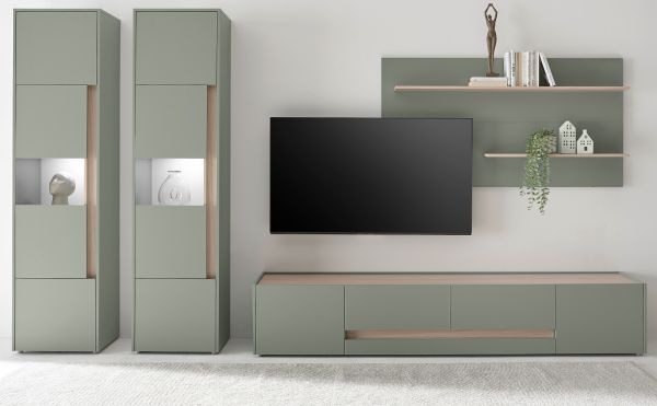 Wohnwand Center in Salbei und Barista Eiche Wohnkombination Set 4-teilig mit XL-TV-Schrank 400 cm