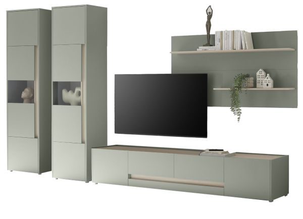 Wohnwand Center in Salbei und Barista Eiche Wohnkombination Set 4-teilig mit XL-TV-Schrank 400 cm