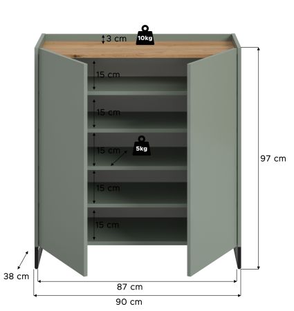 Schuhschrank Borga in Salbei und Artisan Eiche Flur Kommode 90 x 97 cm, Soft-Close