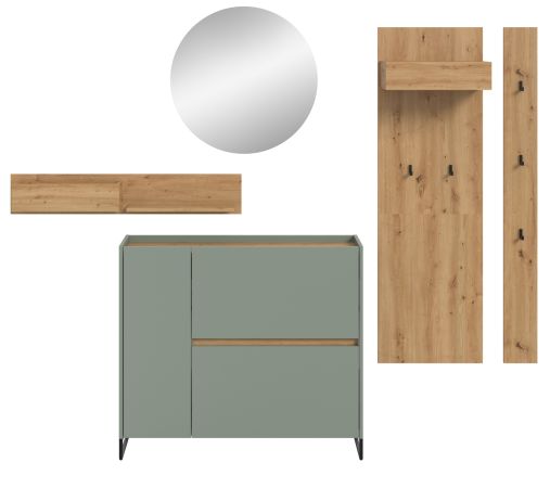 Garderobe Set 5-teilig Borga in Salbei und Artisan Eiche 236 x 197 cm, Soft-Close