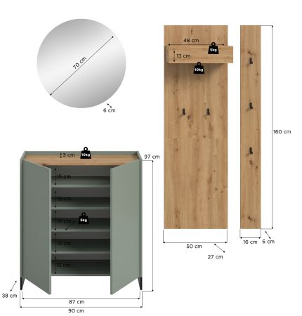 Garderobe Set 4-teilig Borga in Salbei und Artisan Eiche 186 x 197 cm, Soft-Close