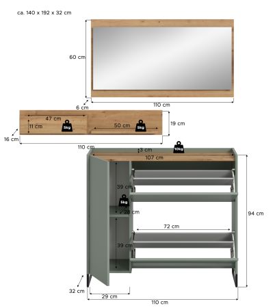Garderobe Set 3-teilig Borga in Salbei und Artisan Eiche 140 x 192 cm, Soft-Close
