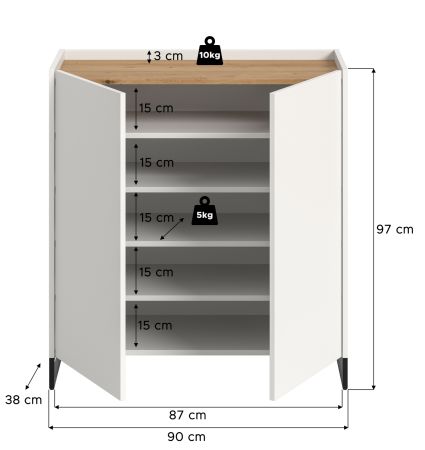Schuhschrank Borga in wei� und Artisan Eiche Flur Kommode 90 x 97 cm, Soft-Close