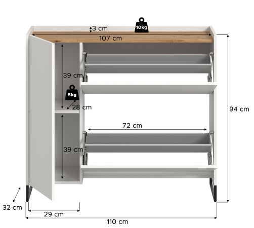 Schuhkipper Borga in wei� und Artisan Eiche Schuhschrank 110 x 94 cm, Soft-Close