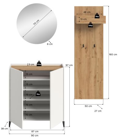 Garderobe Set 3-teilig Borga in wei� und Artisan Eiche 155 x 197 cm, Soft-Close
