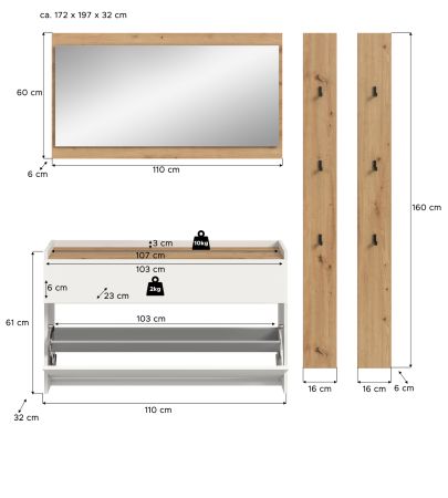 Garderobe Set 4-teilig Borga in wei� und Artisan Eiche 172 x 197 cm