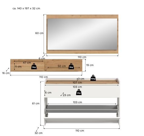 Garderobe Set 3-teilig Borga in wei� und Artisan Eiche 140 x 197 cm