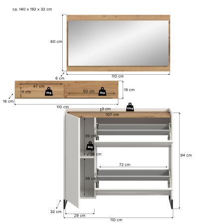 Garderobe Set 3-teilig Borga in wei� und Artisan Eiche 140 x 192 cm, Soft-Close