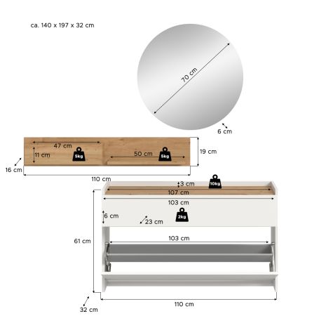 Garderobe Set 3-teilig Borga in wei� und Artisan Eiche 140 x 197 cm