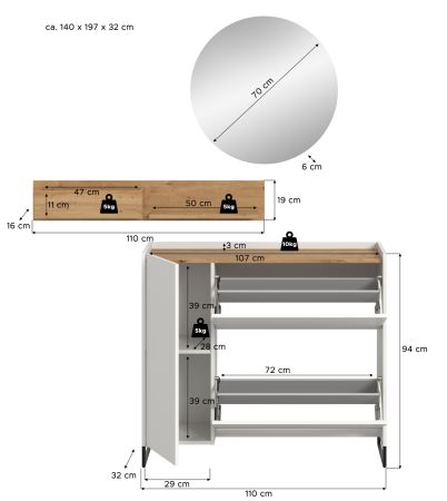 Garderobe Set 3-teilig Borga in wei� und Artisan Eiche 140 x 197 cm, Soft-Close