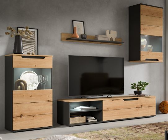 Wohnwand Briska in Artisan Eiche und grau 4-teilig 246 cm, Soft-Close