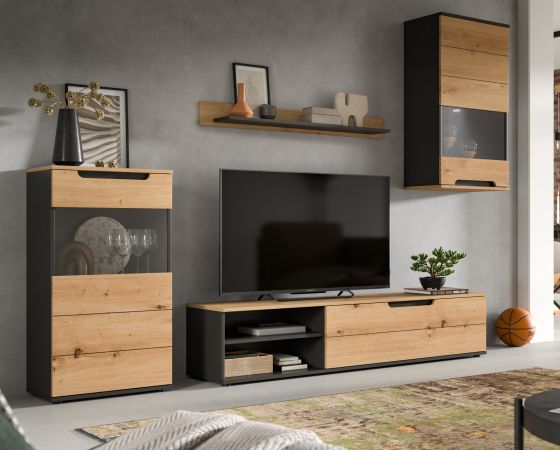 Wohnwand Briska in Artisan Eiche und grau 4-teilig 246 cm, Soft-Close