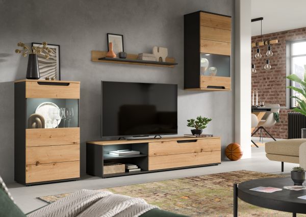 Wohnwand Briska in Artisan Eiche und grau 4-teilig 246 cm, Soft-Close