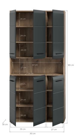 Badezimmer Hochschrank Cover in schwarz matt und Nox Eiche Mehrzweckschrank 90 x 185 cm