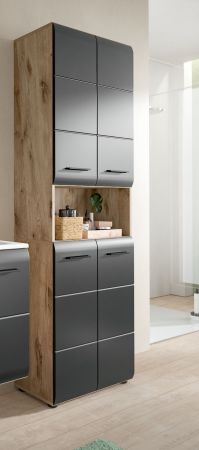 Badezimmer Hochschrank Cover in schwarz matt und Nox Eiche Badschrank 60 x 185 cm