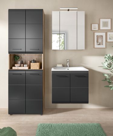 Badezimmer Hochschrank Cover in schwarz matt und Nox Eiche Badschrank 60 x 185 cm