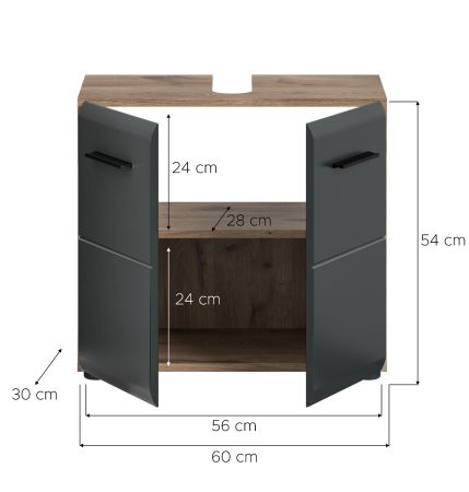 Waschbeckenunterschrank Cover in schwarz matt und Nox Eiche Badezimmer Unterschrank 60 cm