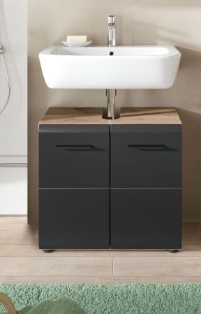 Waschbeckenunterschrank Cover in schwarz matt und Nox Eiche Badezimmer Unterschrank 60 cm