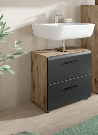 Waschbeckenunterschrank Cover in schwarz matt und Nox Eiche Badezimmer Unterschrank 60 cm