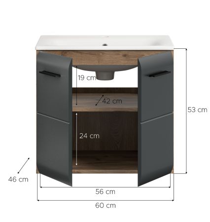 Waschbeckenunterschrank MIT Waschbecken Cover in schwarz matt und Nox Eiche Waschtisch h�ngend 60 cm