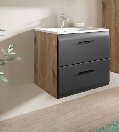 Waschbeckenunterschrank MIT Waschbecken Cover in schwarz matt und Nox Eiche Waschtisch h�ngend 60 cm