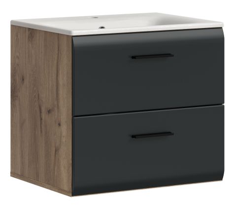 Waschbeckenunterschrank MIT Waschbecken Cover in schwarz matt und Nox Eiche Waschtisch h�ngend 60 cm