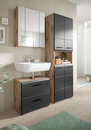 Badm�bel Set 3-teilig Cover in schwarz matt und Nox Eiche Badkombination 135 x 185 cm