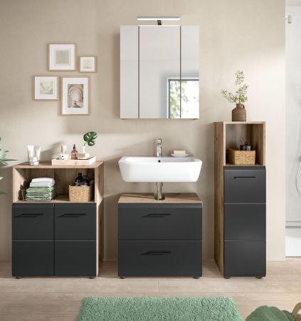 Badm�bel Set 4-teilig Cover in schwarz matt und Nox Eiche Badkombination 180 x 185 cm