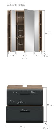 Badm�bel Set 2-teilig Cover in schwarz matt und Nox Eiche Badkombination 60 x 185 cm