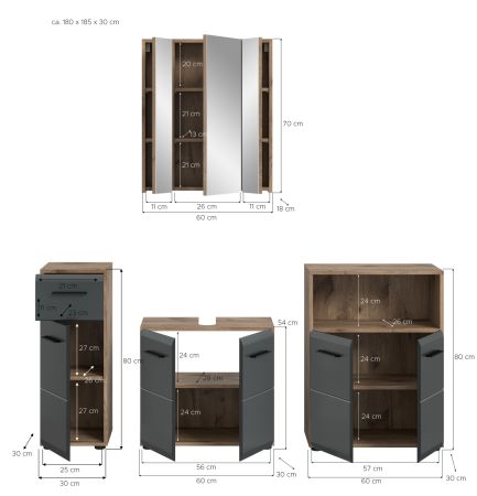 Badm�bel Set 4-teilig Cover in schwarz matt und Nox Eiche Badkombination 180 x 185 cm