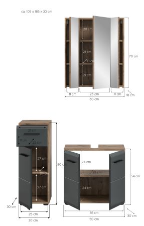 Badm�bel Set 3-teilig Cover in schwarz matt und Nox Eiche Badkombination 105 x 185 cm