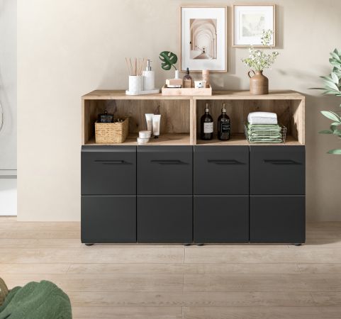 Badezimmer Kommode Set Cover in schwarz matt und Nox Eiche 2x Badkommode 120 x 80 cm