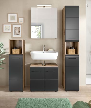 Badm�bel Set 4-teilig Cover in schwarz matt und Nox Eiche Badkombination 150 x 185 cm
