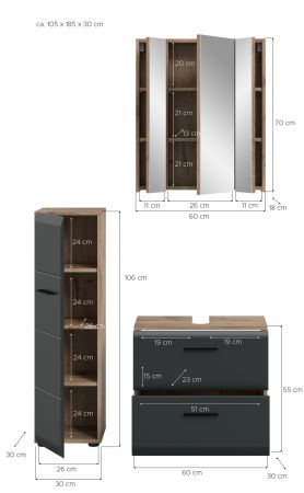Badm�bel Set 3-teilig Cover in schwarz matt und Nox Eiche Badkombination 105 x 185 cm