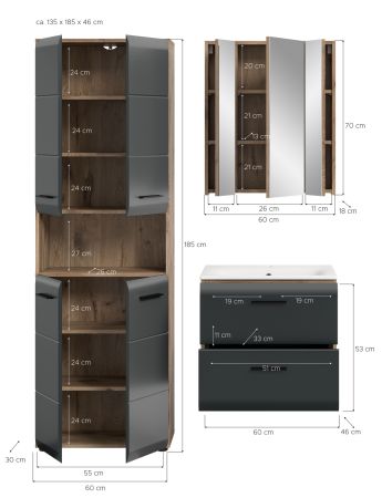 Badm�bel Set 3-teilig Cover in schwarz matt und Nox Eiche Badkombination 135 x 185 cm